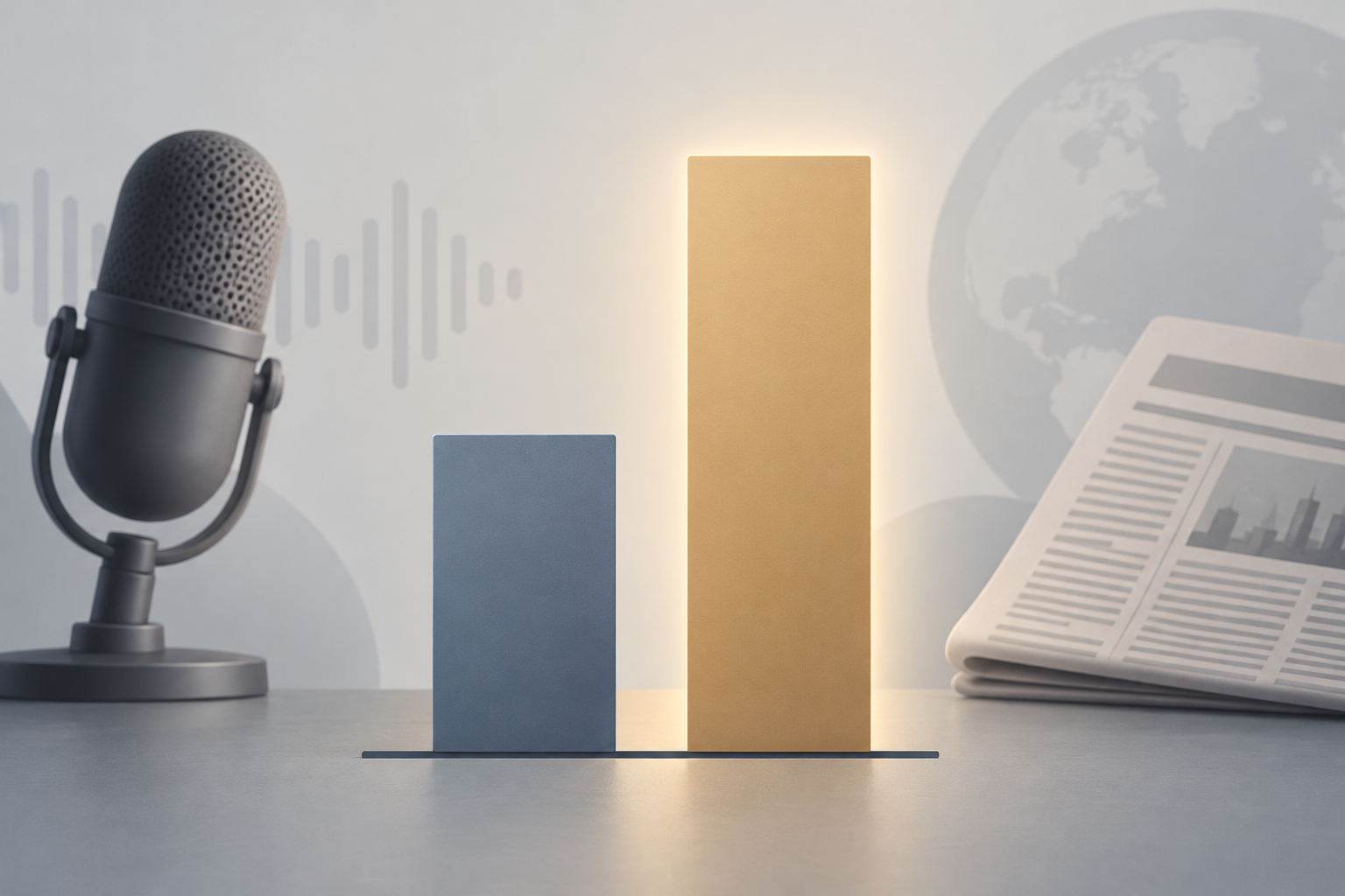 Illustration of a comparison bar chart with podcast and newspaper motifs